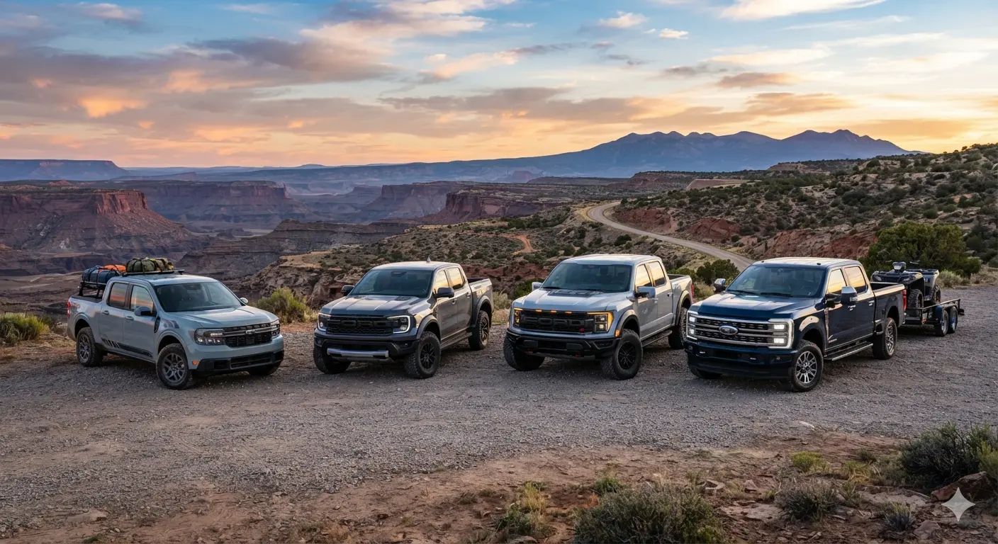 Ford truck lineup including Ford Maverick, Ranger, F-150 and Super Duty trucks in a rugged scenic setting