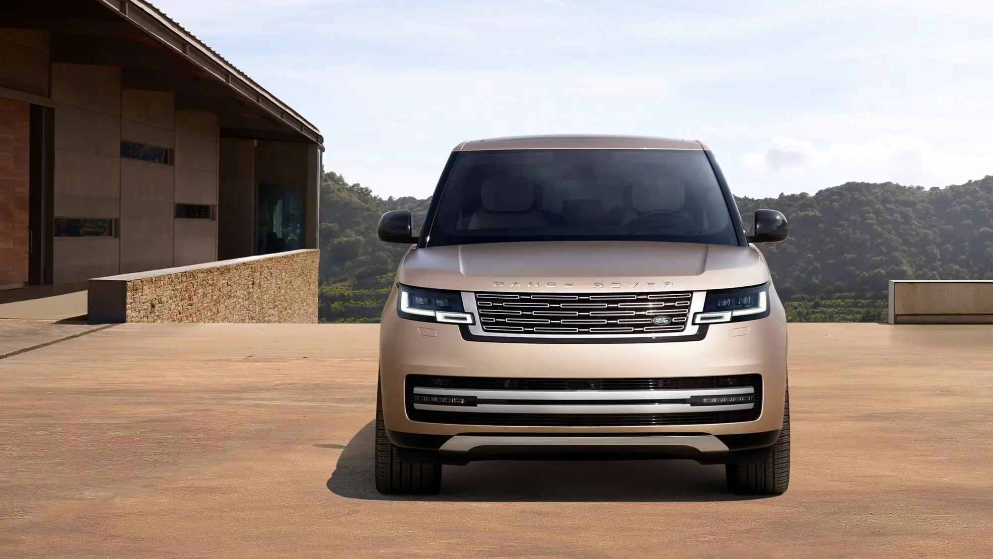 Range Rover Autobiography viewed head-on outside a modern residence