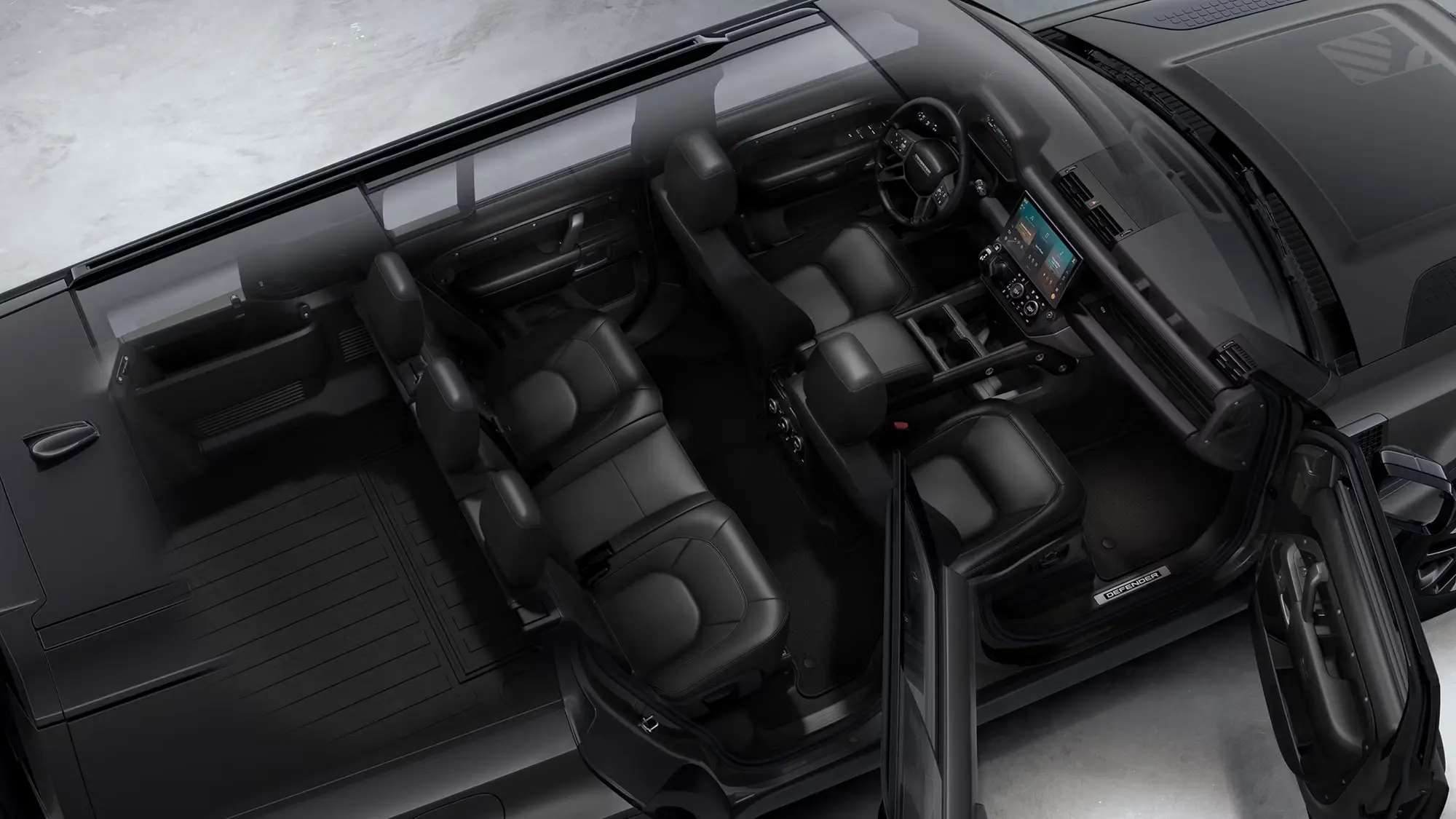 Overhead view of a three-row Defender 130 cabin