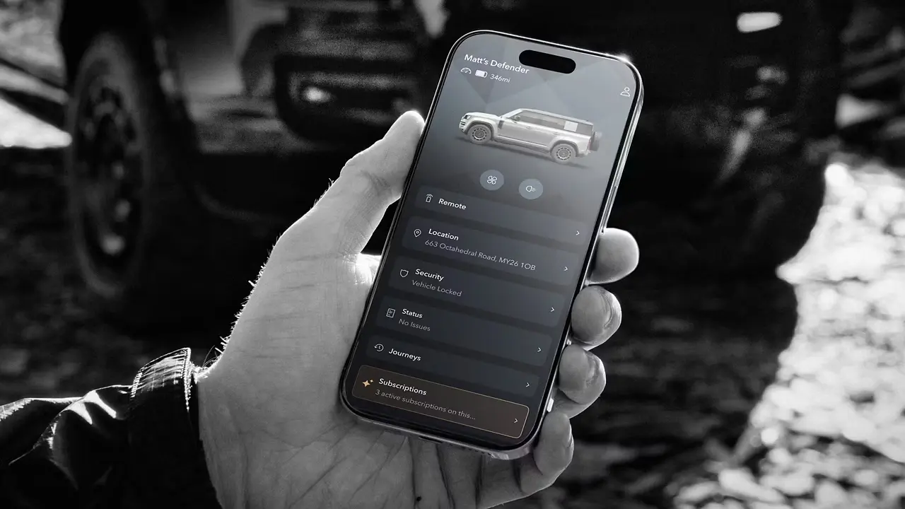 Defender connected vehicle app displayed on a smartphone