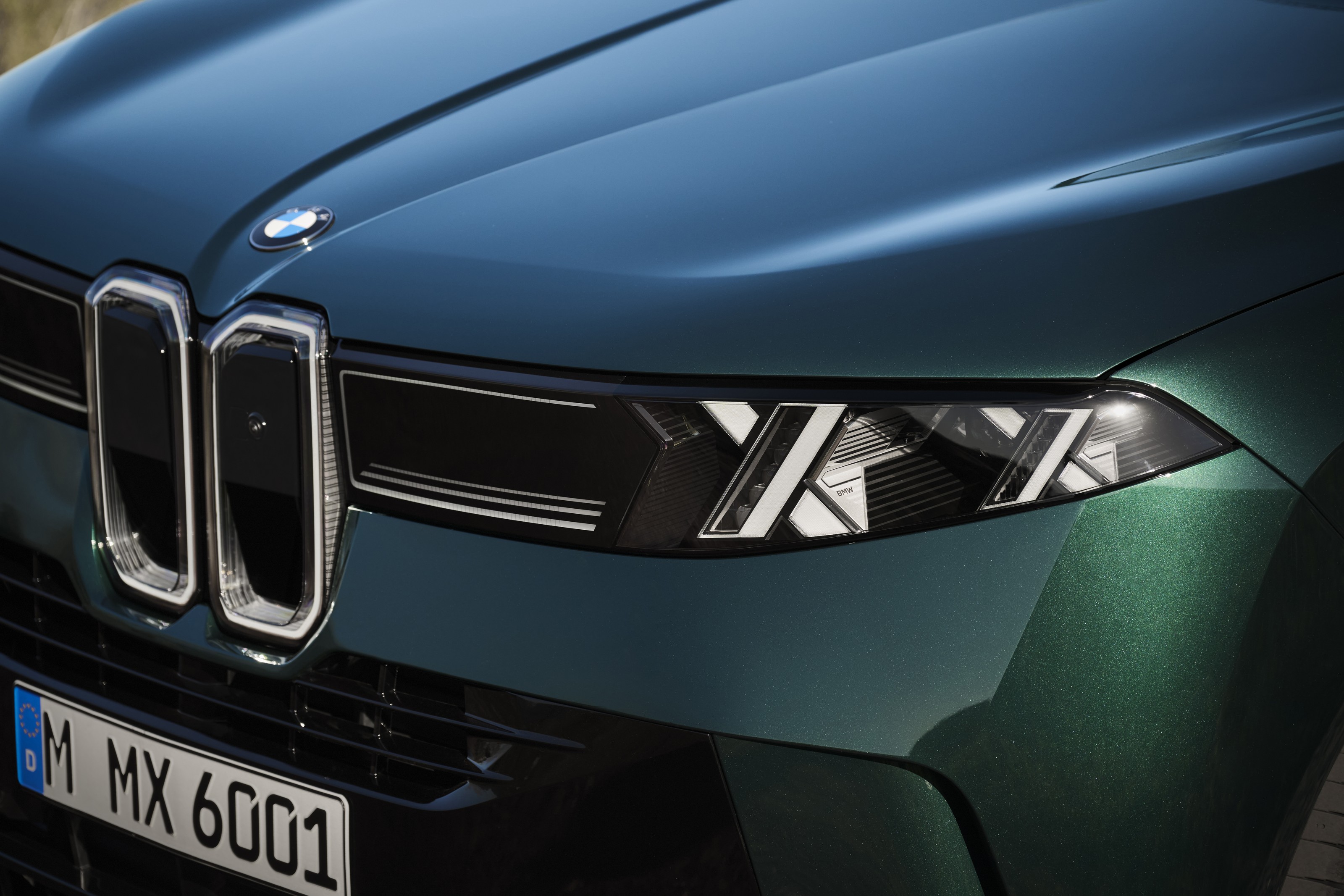 Close-up of the new BMW X5's tall kidney grille and X-shaped headlight graphic on dark green paint